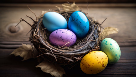 Basket full of colorful, Easter eggs at meadow. Generative AI.の素材