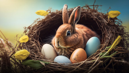 A rabbit sits in a nest with Easter eggs. Images for Easter holiday. Generative AI.の素材