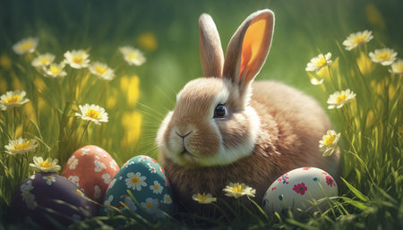 Easter Holiday. Cute rabbit in the grass in a flower meadow and colorful painted eggs. Generative AI.の素材