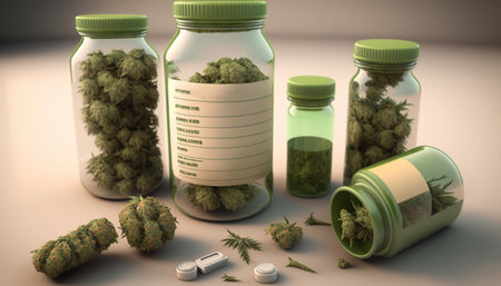 Jars of marijuana for medical use and application. medicinal cannabis flower in closed jar. Generative AI.の素材