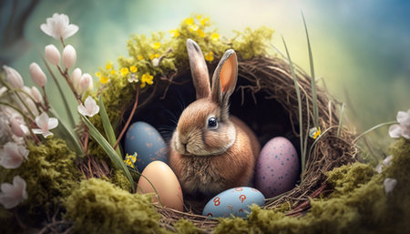 A rabbit sits in a nest with Easter eggs. Images for Easter holiday. Generative AI.の素材
