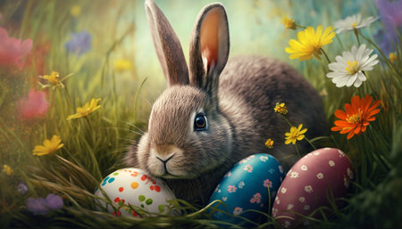 Easter Holiday. Cute rabbit in the grass in a flower meadow and colorful painted eggs. Generative AI.の素材