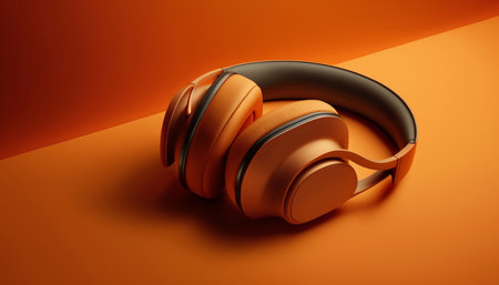 Wireless headphones, close-up on orange background. top view. Generative AI.の素材