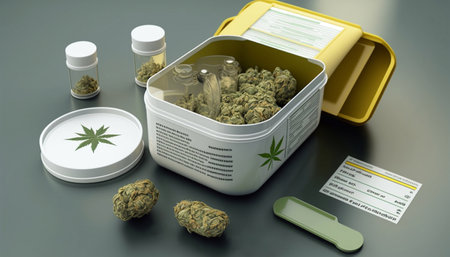 Jars of marijuana for medical use and application. Generative AI.の素材