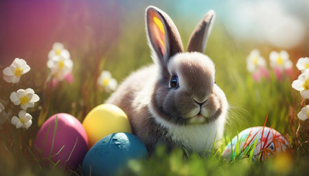 Easter Holiday. Cute rabbit in the grass in a flower meadow and colorful painted eggs. Generative AI.の素材