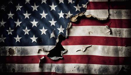 A ripped American flag in grunge style. Generative AI.の素材