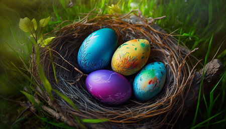 Basket full of colorful, Easter eggs at meadow. Generative AI.の素材
