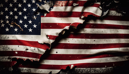 A ripped American flag in grunge style. Generative AI.の素材