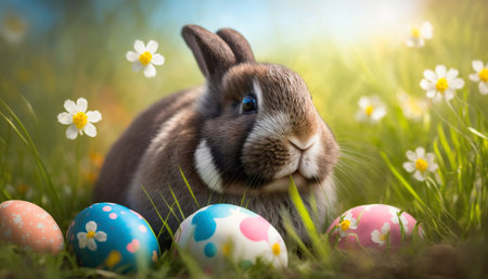 Easter Holiday. Cute rabbit in the grass in a flower meadow and colorful painted eggs. Generative AI.の素材