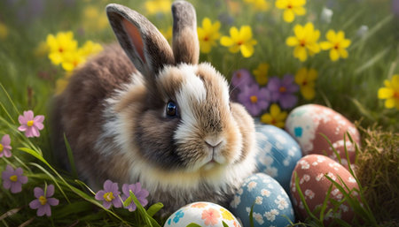 Easter Holiday. Cute rabbit in the grass in a flower meadow and colorful painted eggs. Generative AI.の素材