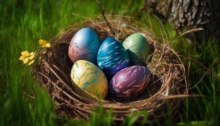 Basket full of colorful, Easter eggs at meadow. Generative AI.の素材
