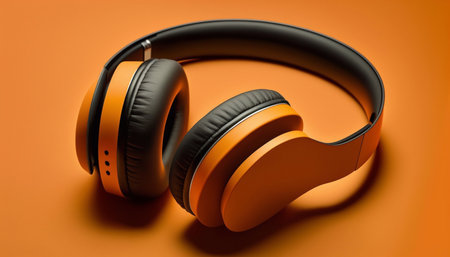 Wireless headphones, close-up on orange background. top view. Generative AI.の素材
