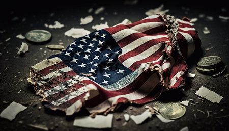 A tattered American flag in the grunge style, with torn dollars and coins. Generative AI.の素材