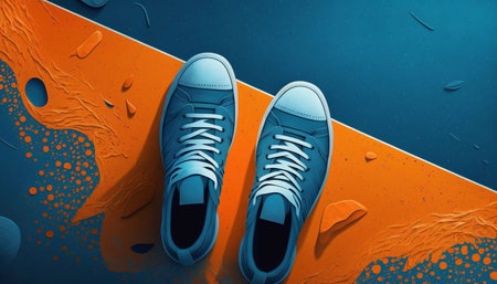 A pair of blue light athletic shoes, lying on an orange-blue surface. abstract background. Generative AI.の素材