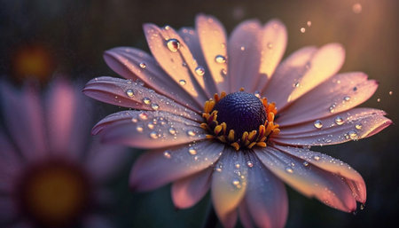 Close-up of a wet flower, dew covers the flower. Generative AI.の素材