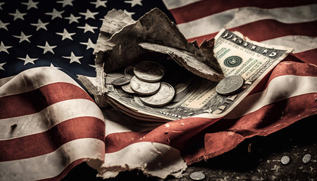 A tattered American flag in the grunge style, with torn dollars and coins. Generative AI.の素材