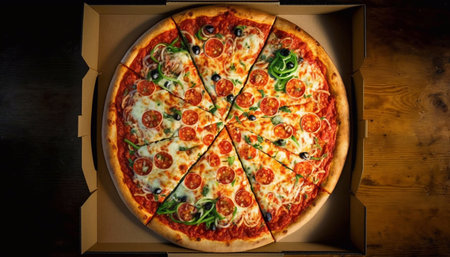 Yummy pizza, the view from the top. Generative AI.の素材