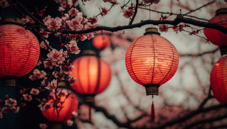 Lit red Chinese lanterns against a backdrop of flowers. Web banner, illustration not the theme of the Chinese New Year, the theme for the postcard. Generative AI.の素材