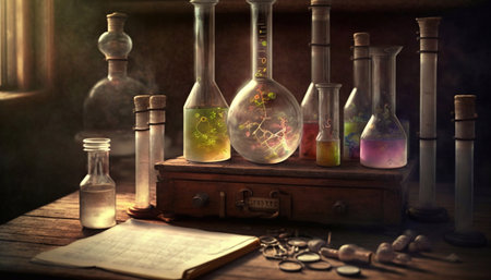 Lab, and lab vials of liquid. Chemical laboratory with liquid in test tubes. Generative AIの素材