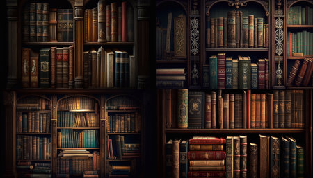 A collection of old books on a bookshelf. Generative AIの素材