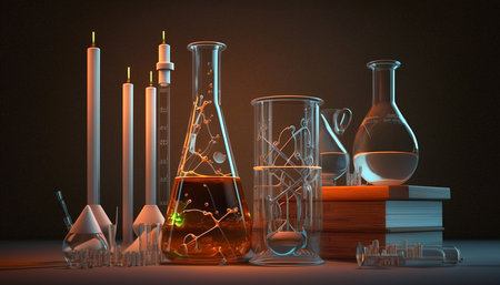 Lab, and lab vials of liquid. Chemical laboratory with liquid in test tubes. Generative AIの素材