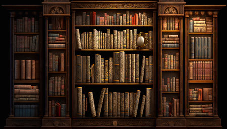 A collection of old books on a bookshelf. Generative AIの素材