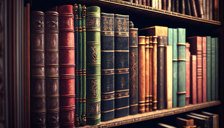 A collection of old books on a bookshelf. Generative AIの素材