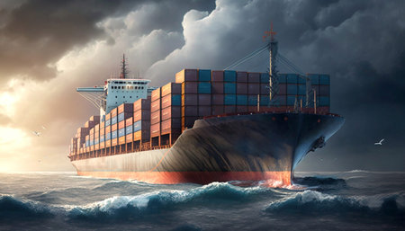 A cargo ship loaded with containers sails the ocean. Generative AIの素材
