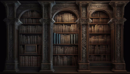 A collection of old books on a bookshelf. Generative AIの素材