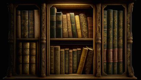 A collection of old books on a bookshelf. Generative AIの素材