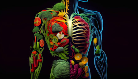 The human body is made up of vegetables, the concept of healthy eating. Generative AI.の素材