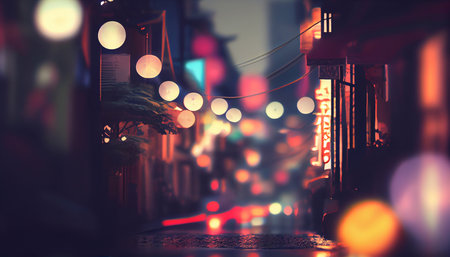 Wet night road, with beautiful bokeh. Generative AI.の素材