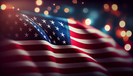The flag of the United States against a background of beautiful bokeh. Generative AI.の素材