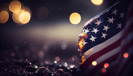The flag of the United States against a background of beautiful bokeh. Generative AI.の素材