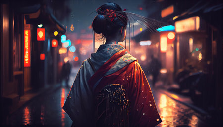 A Japanese woman in national Japanese costume walks down the street. Generative AI.の素材