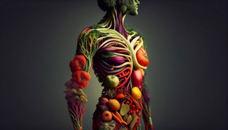 The human body is made up of vegetables, the concept of healthy eating. Generative AI.の素材