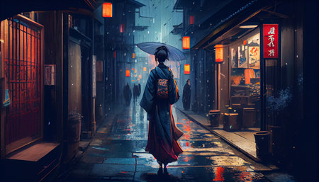 A Japanese woman in national Japanese costume walks down the street. Generative AI.の素材