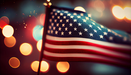 The flag of the United States against a background of beautiful bokeh. Generative AI.の素材