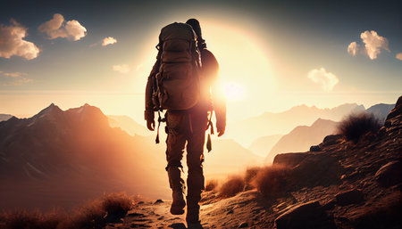 Hiker goes against sky and sun. Generative AI.の素材