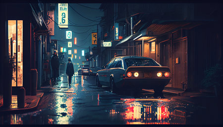 Wet night road with cars. Generative AI.の素材