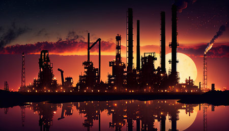 An oil and gas plant against a sunset background. oil gas industry business. Generative AI.の素材