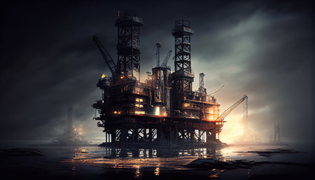 An oil and gas plant against a sunset background. oil gas industry business. Generative AI.の素材