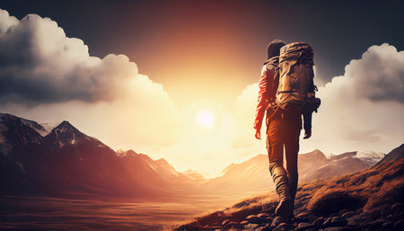 Hiker goes against sky and sun. Generative AI.の素材