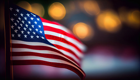 The flag of the United States against a background of beautiful bokeh. Generative AI.の素材