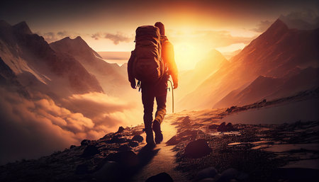 Hiker goes against sky and sun. Generative AI.の素材