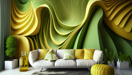Interior of living room with yellow sofa and green wall 3D renderingの素材