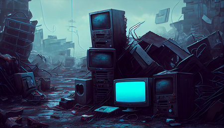 Electronics landfill. Climate change, the concept of protecting the environment, and water resources. The concept of environmental protection. Generative AI.の素材