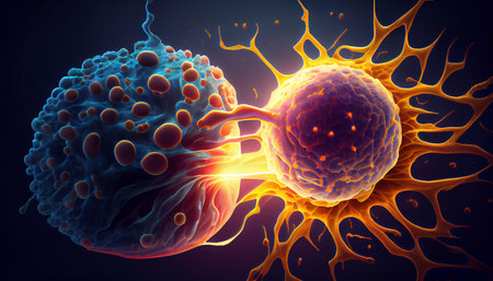 The concept of a cancer cell attacking a body cell. Generative AI.の素材