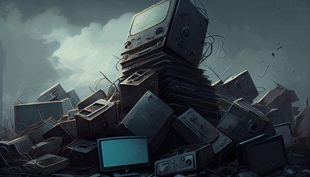 Electronics landfill. Climate change, the concept of protecting the environment, and water resources. The concept of environmental protection. Generative AI.の素材