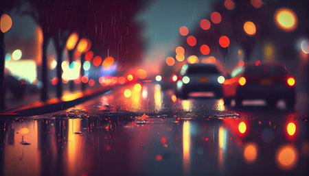 Wet night road with cars, with beautiful bokeh. Generative AI.の素材